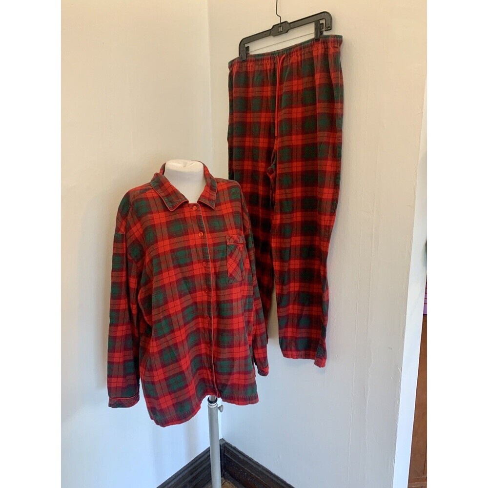 Victoria Secret 2 Pc Pajama Set Red Green PLAID 100% cotton Flannel VTG Large Tr